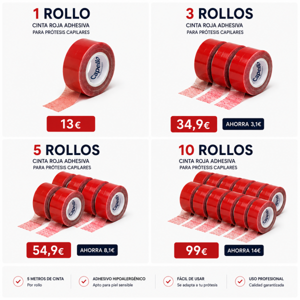 Adhesivo para prótesis capilares rojo rollo de 5 m.
